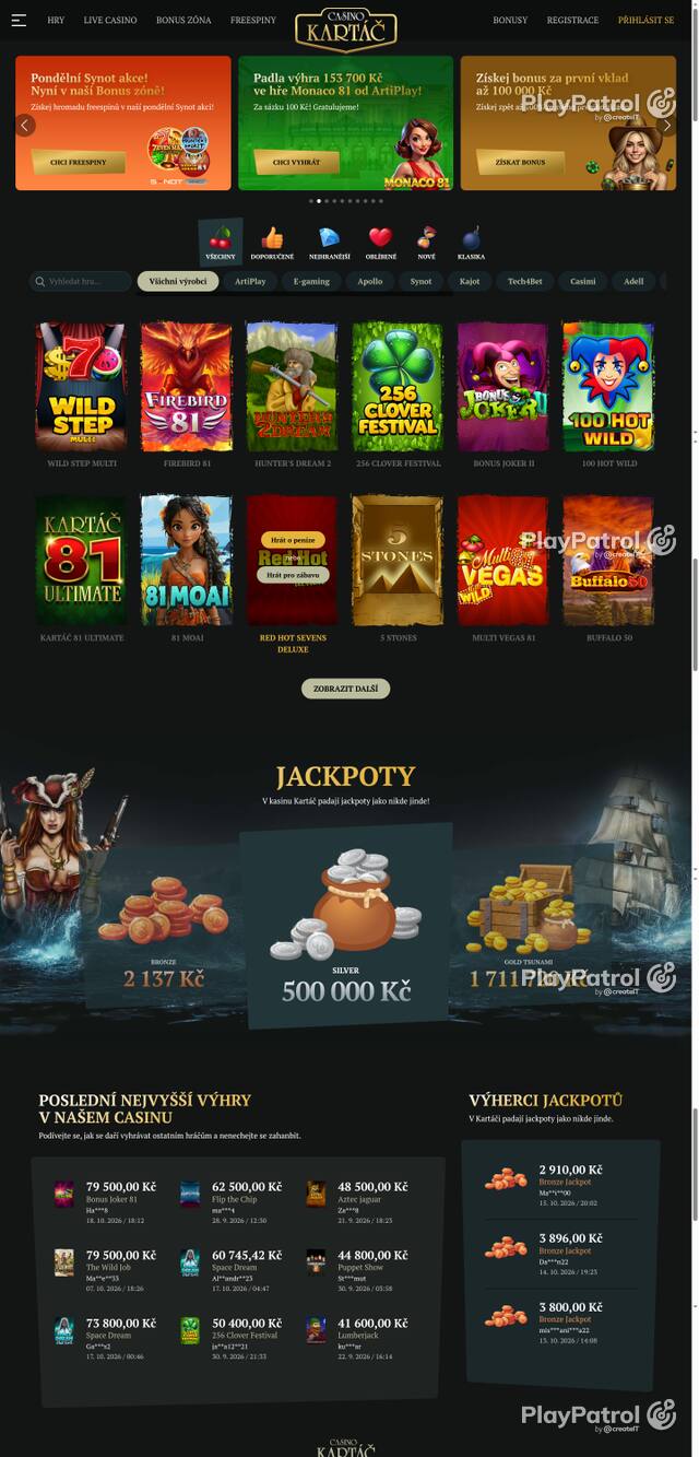 Capture of the front page of Casino Kartac (casino-kartac.cz) on 19 October 2026