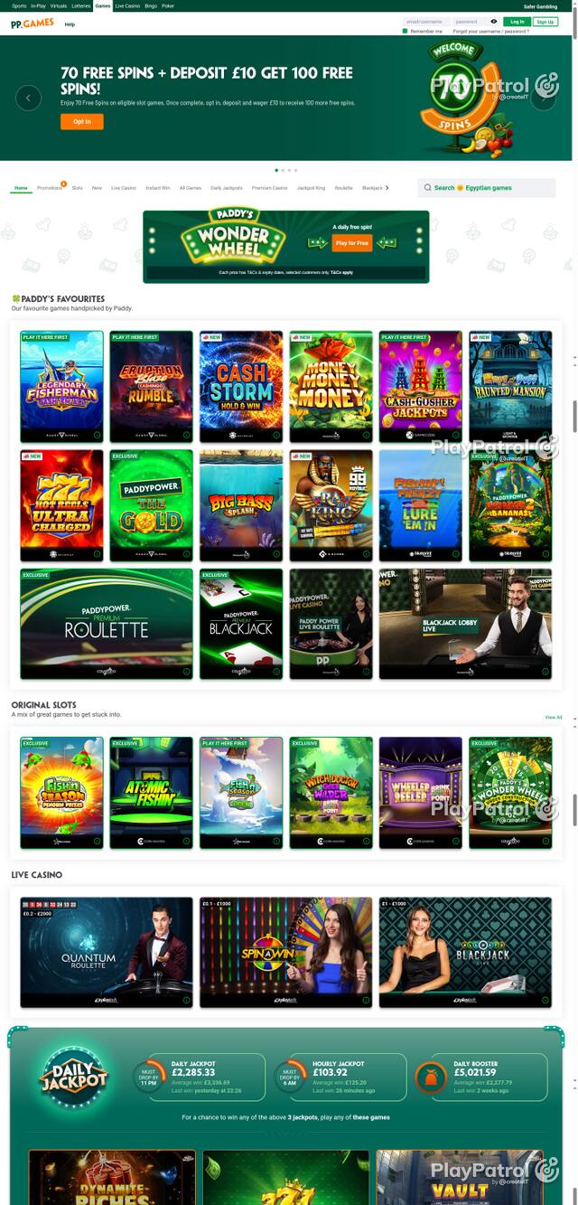 Capture of the front page of Paddy Power Games (games.paddypower.com) on 16 October 2026