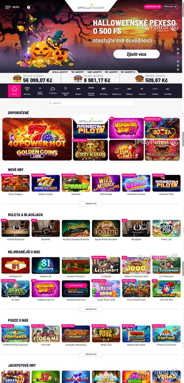 Capture of the front page of Apollo Games (apollogames.cz) on 27 October 2026