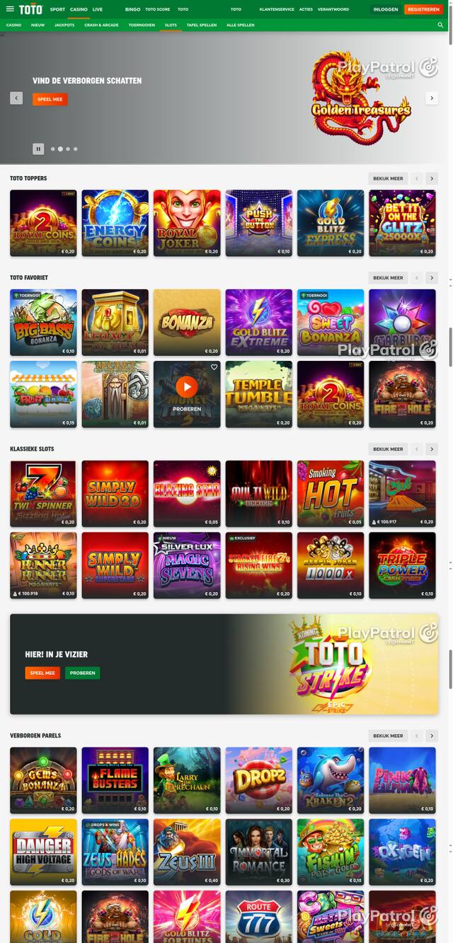 Capture of the front page of TOTO Casino (casino.toto.nl) on 15 October 2026