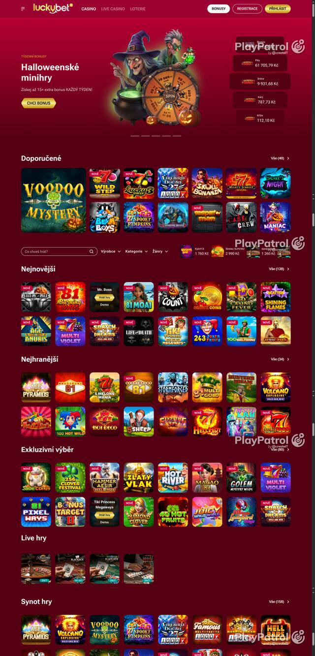 Capture of the front page of LuckyBet (luckybet.cz) on 26 October 2026