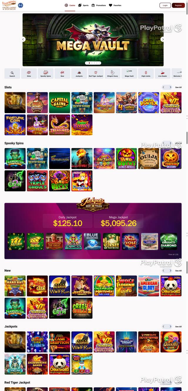 Capture of the front page of play.fourwindscasino.com (play.fourwindscasino.com) on 30 October 2026