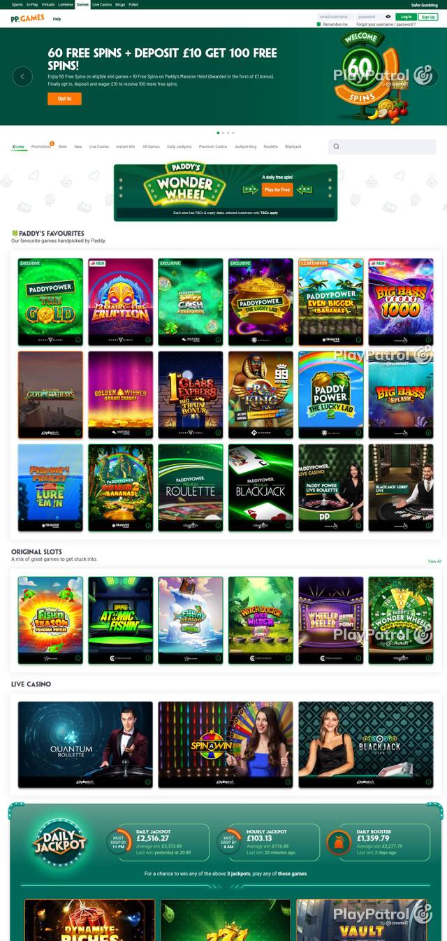 Capture of the front page of Paddy Power Games (games.paddypower.com) on 4 October 2026