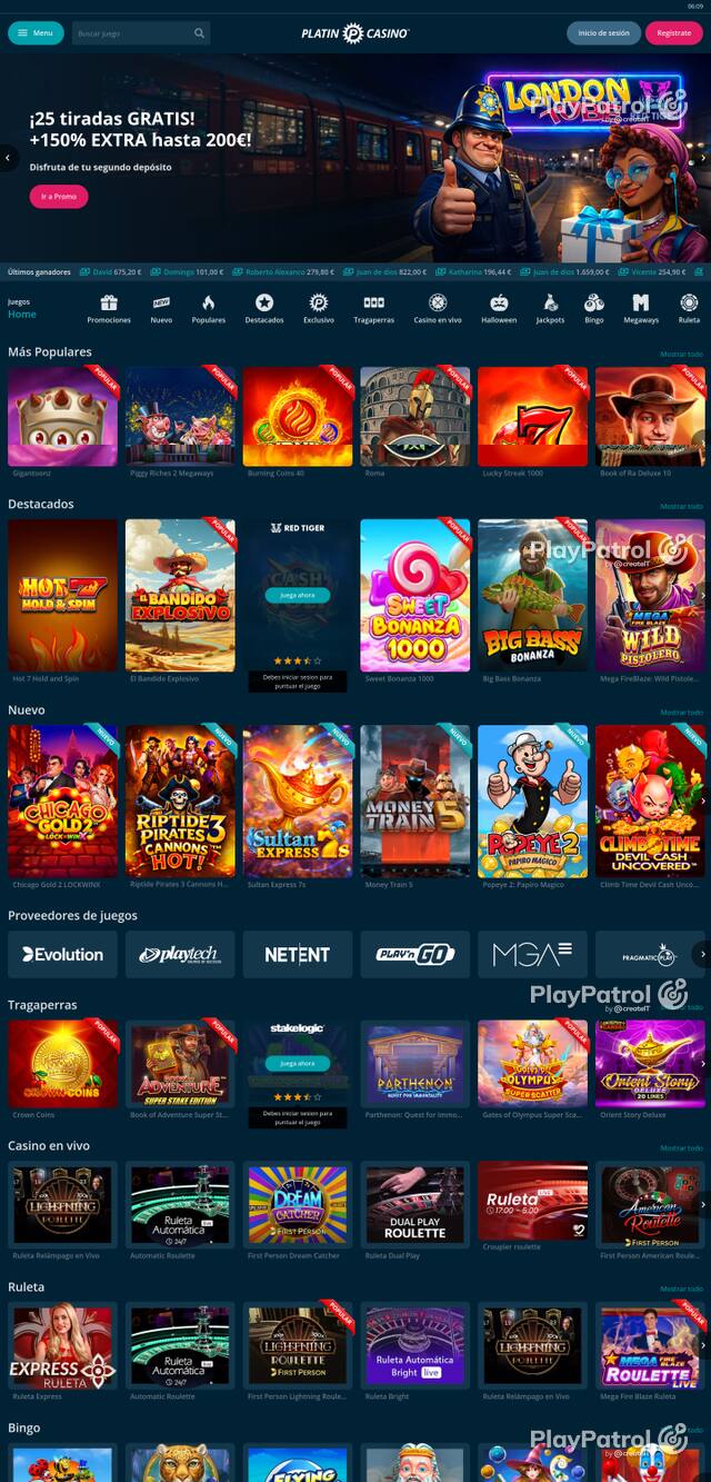 Capture of the front page of Platin Casino (platincasino.es) on 27 October 2026