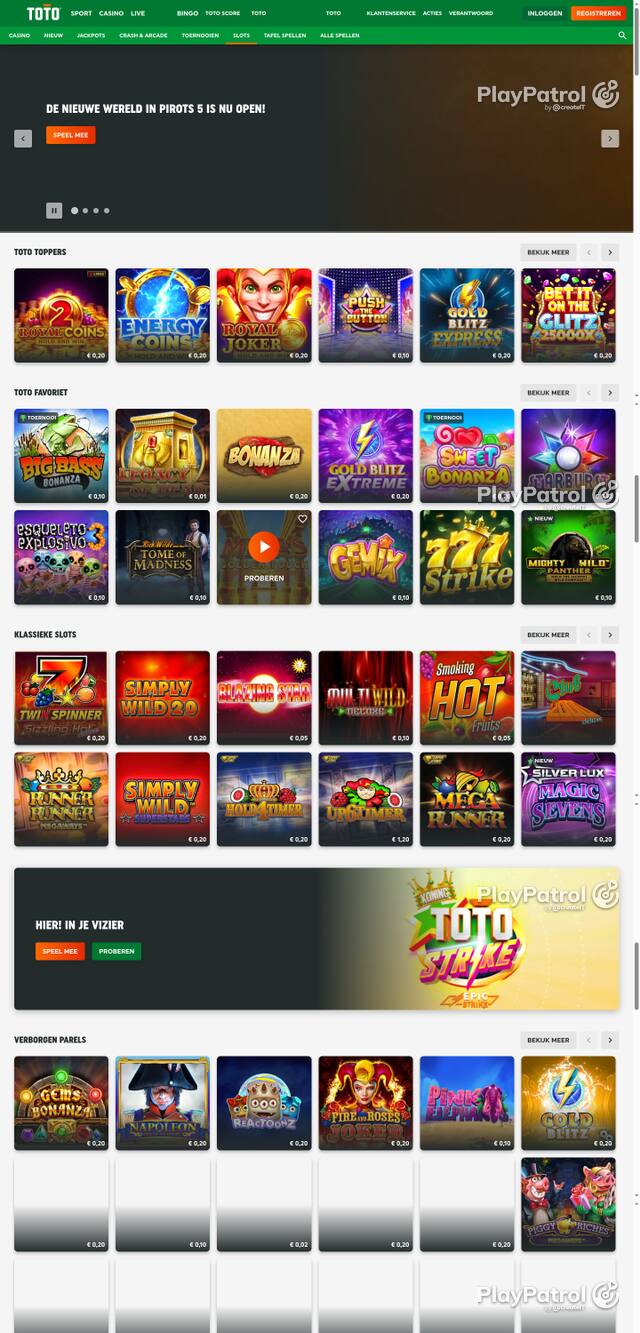 Capture of the front page of TOTO Casino (casino.toto.nl) on 20 October 2026