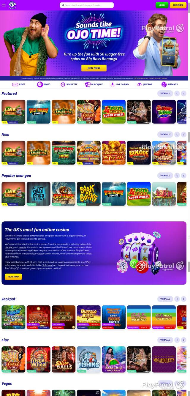Capture of the front page of PlayOJO (playojo.com) on 22 October 2026