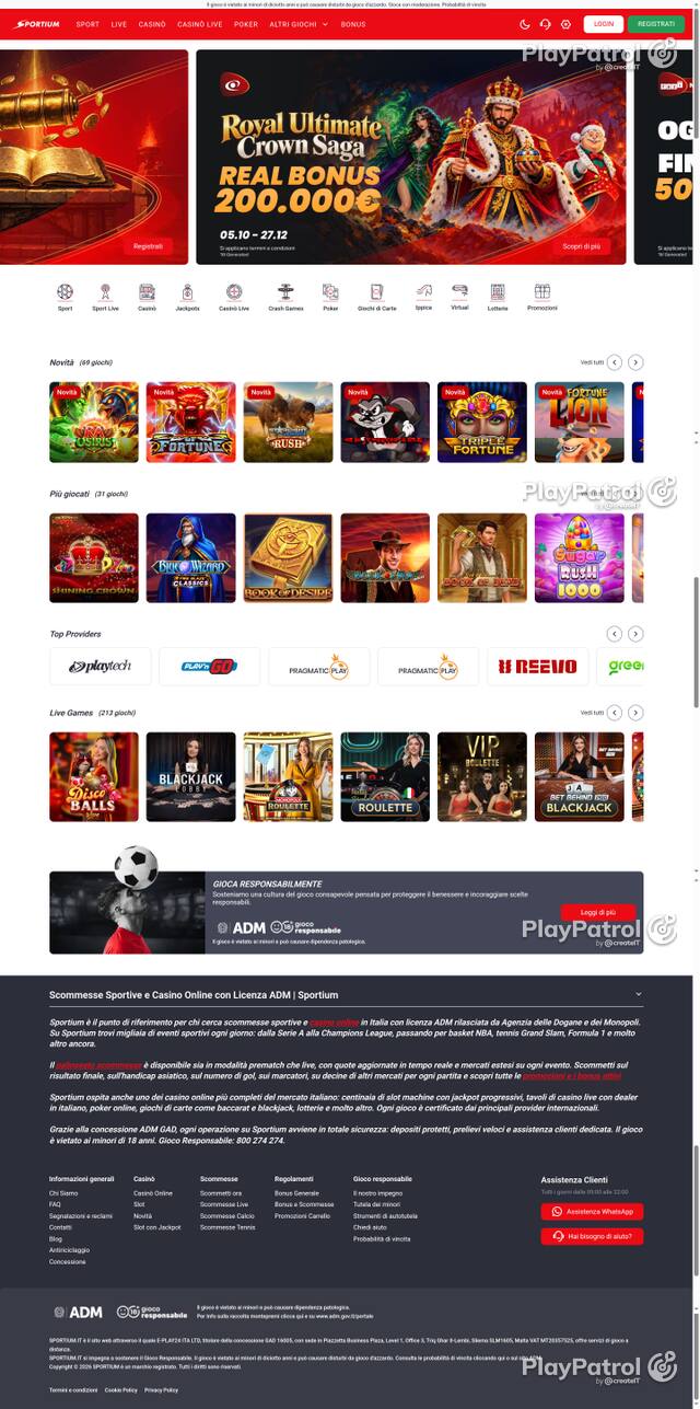 Capture of the front page of Sportium (sportium.it) on 10 October 2026