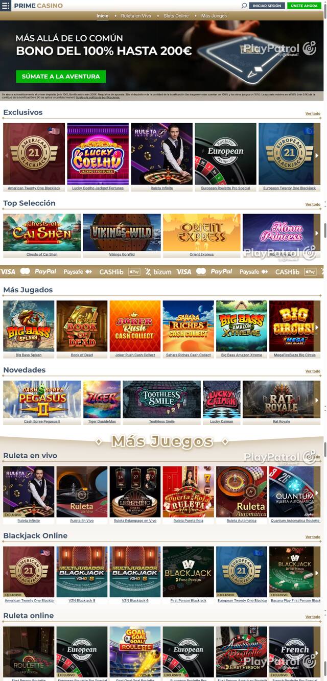 Capture of the front page of Prime Casino (primecasino.es) on 26 October 2026
