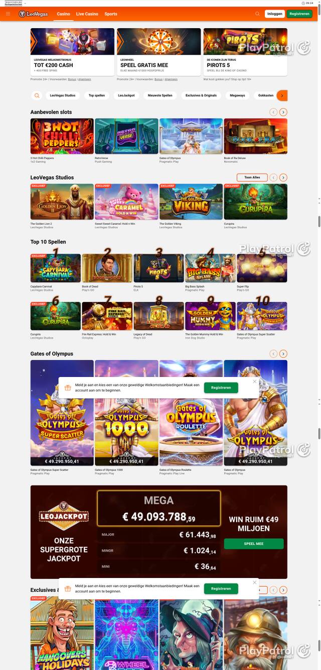 Capture of the front page of LeoVegas Casino Nederland (leovegas.nl) on 15 October 2026
