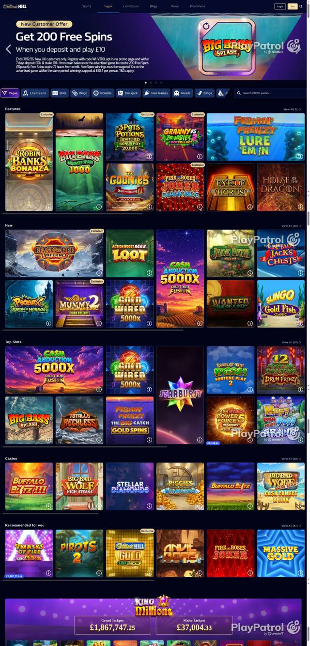 Capture of the front page of William Hill (vegas.williamhill.com) on 16 October 2026