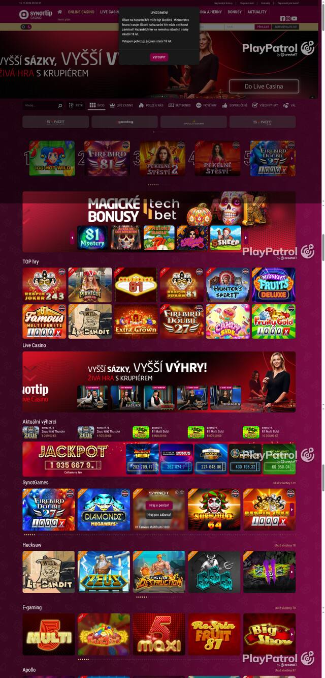 Capture of the front page of Synot Tip (casino.synottip.cz) on 16 October 2026