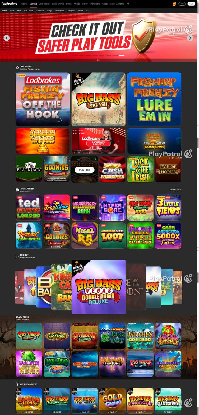 Capture of the front page of Ladbrokes (casino.ladbrokes.com) on 17 October 2026