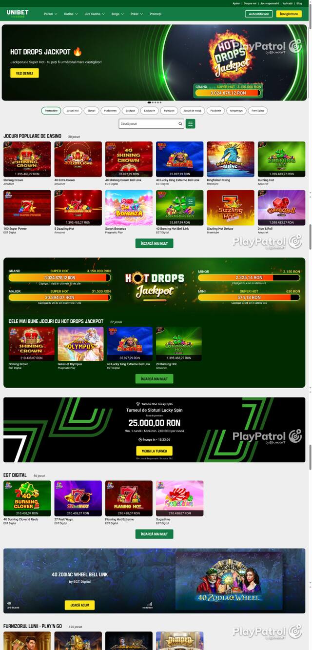 Capture of the front page of Unibet (unibet.ro) on 18 October 2026