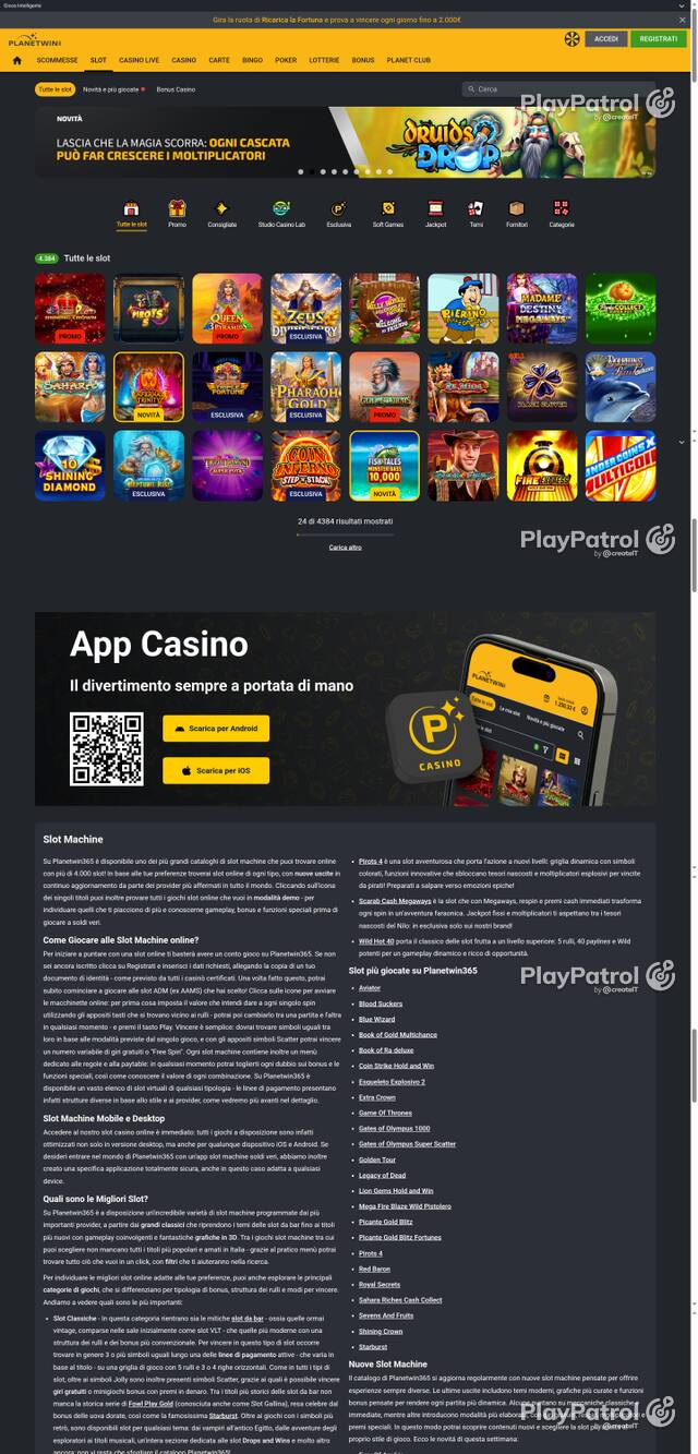 Capture of the front page of Planetwin365 (planetwin365.it) on 8 October 2026