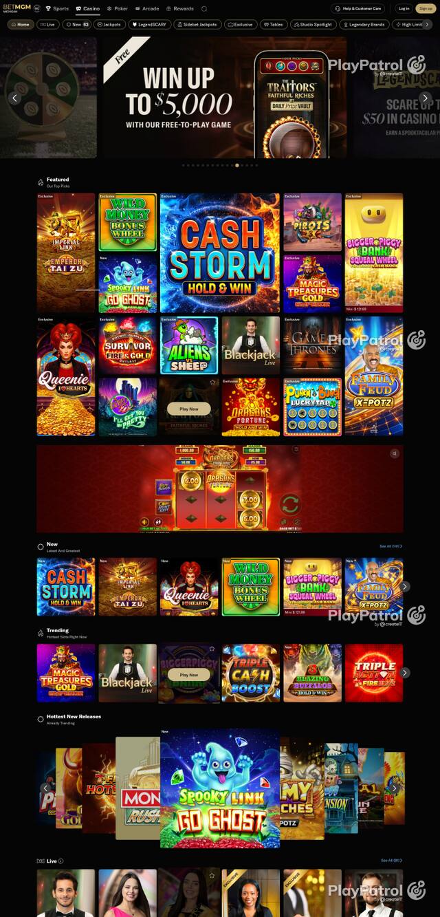 Capture of the front page of casino.mi.betmgm.com (casino.mi.betmgm.com) on 24 October 2026