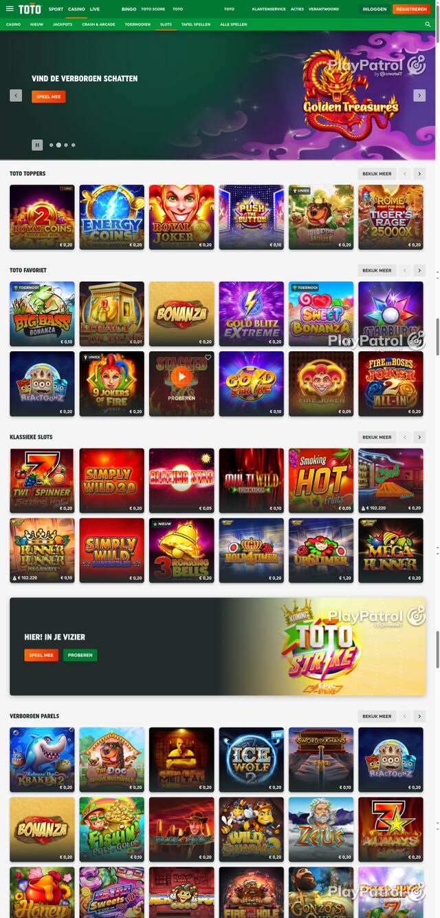 Capture of the front page of TOTO Casino (casino.toto.nl) on 22 October 2026