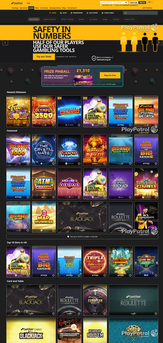 Homepage capture of Betfair Casino recorded during the scan