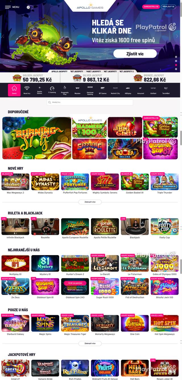 Capture of the front page of Apollo Games (apollogames.cz) on 17 October 2026