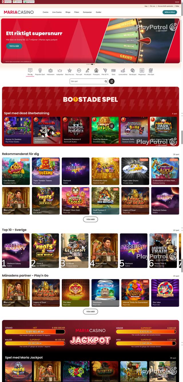 Front page of mariacasino.se as captured on 28 October 2026