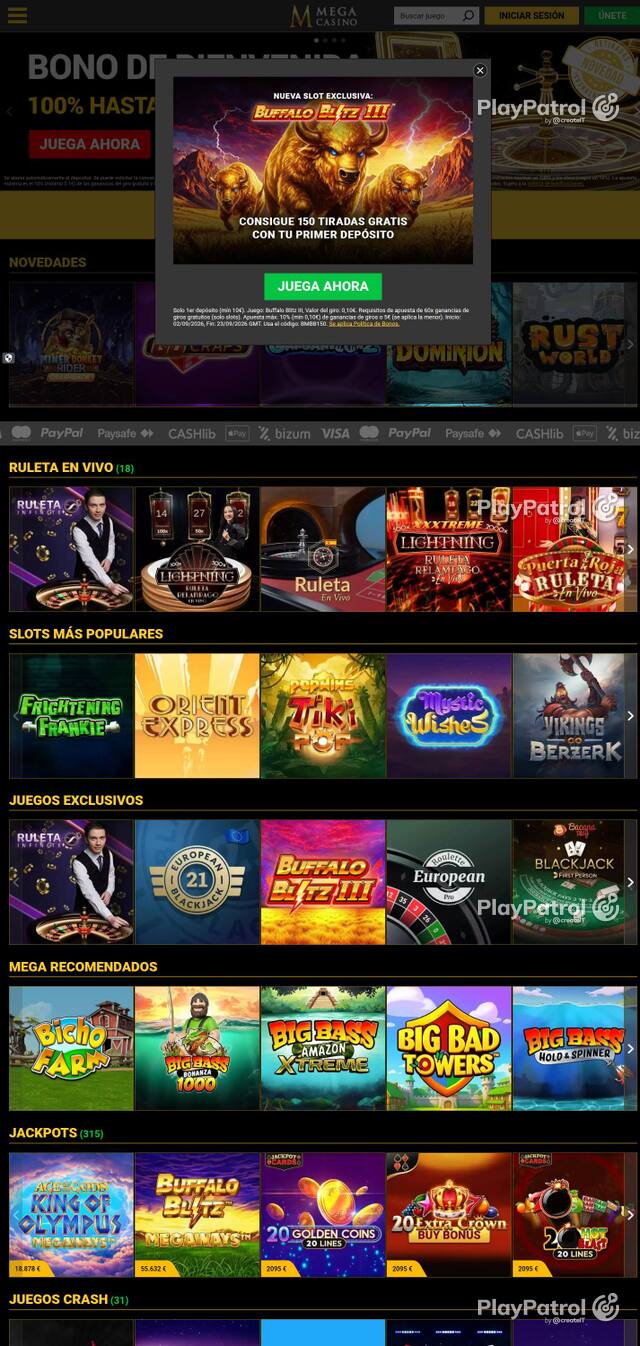 Homepage capture of Mega Casinos recorded during the scan