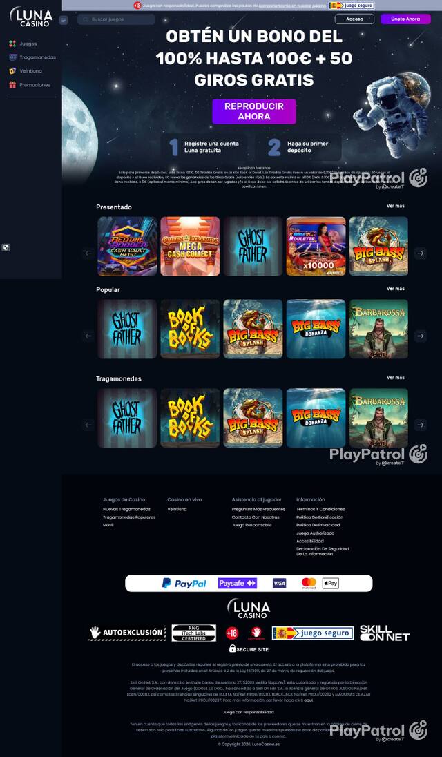 Homepage capture of Luna Casino recorded during the scan