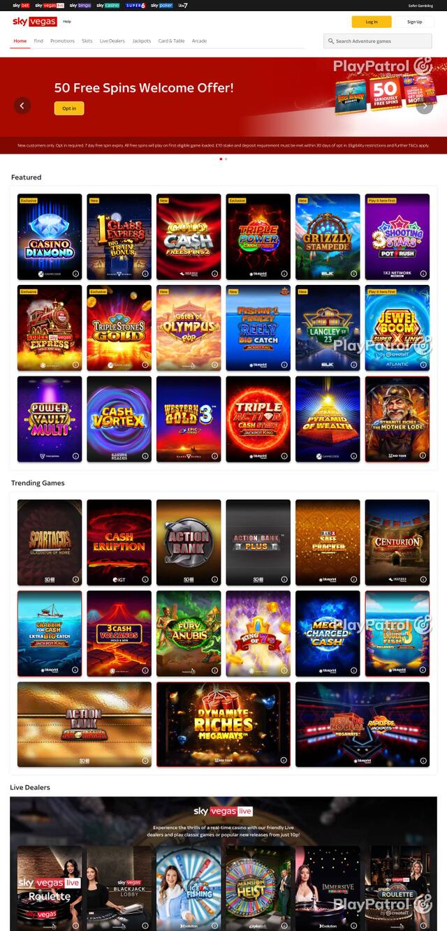 Homepage capture of Sky Vegas recorded during the scan