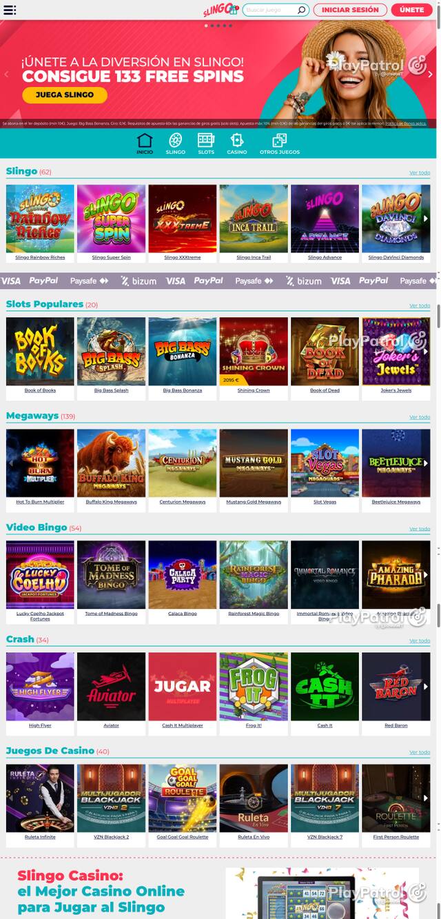 Capture of the front page of Slingo Casino (slingocasino.es) on 25 October 2026