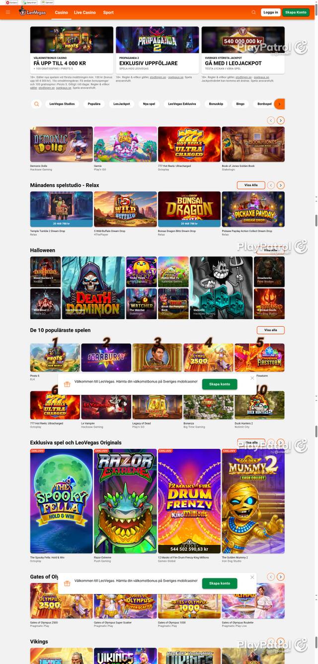 Capture of the front page of leovegas.com (leovegas.com) on 22 October 2026
