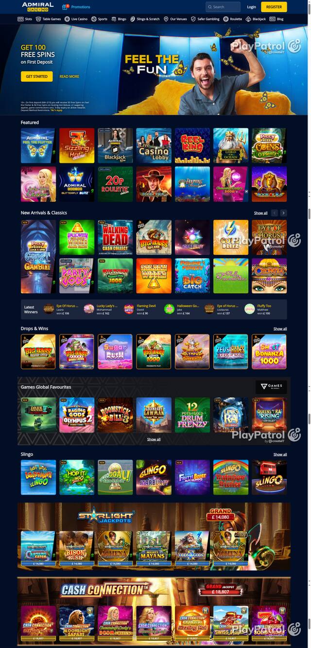 Capture of the front page of Admiral Casino (admiralcasino.co.uk) on 27 October 2026