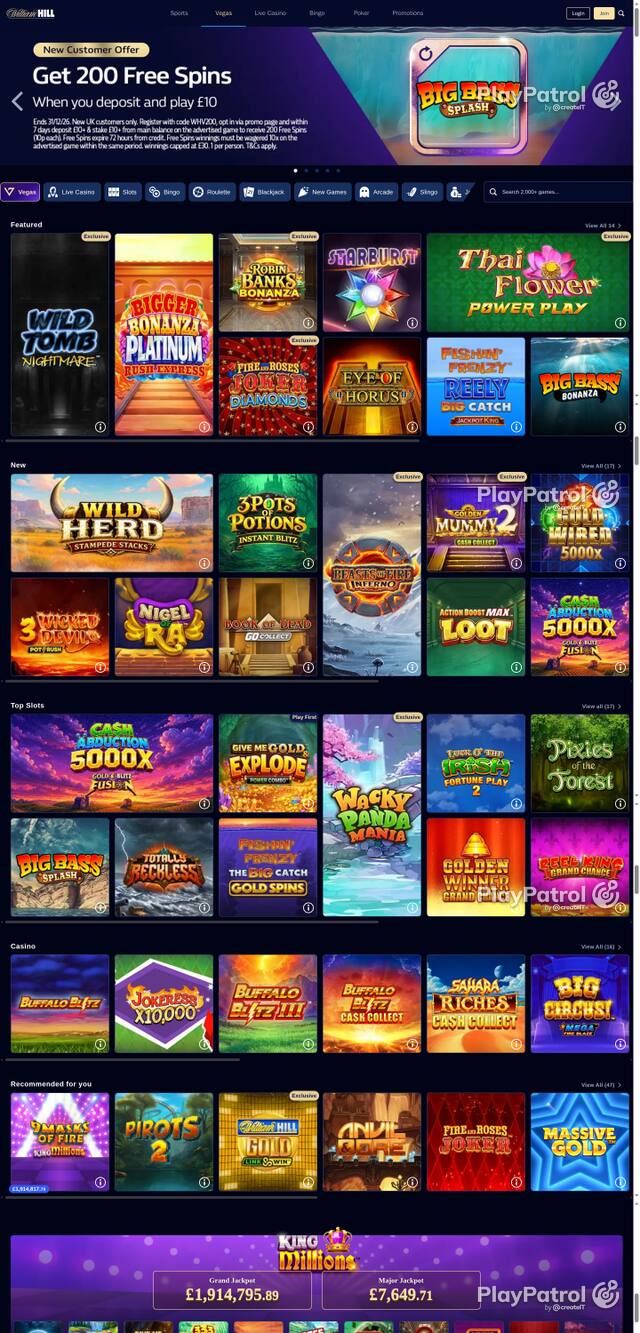Capture of the front page of William Hill (vegas.williamhill.com) on 22 October 2026