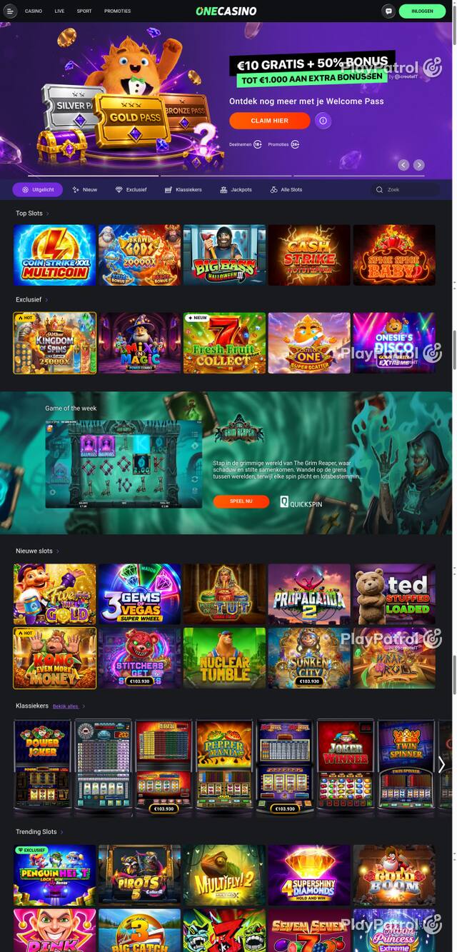 Capture of the front page of One Casino (nl.onecasino.com) on 30 October 2026