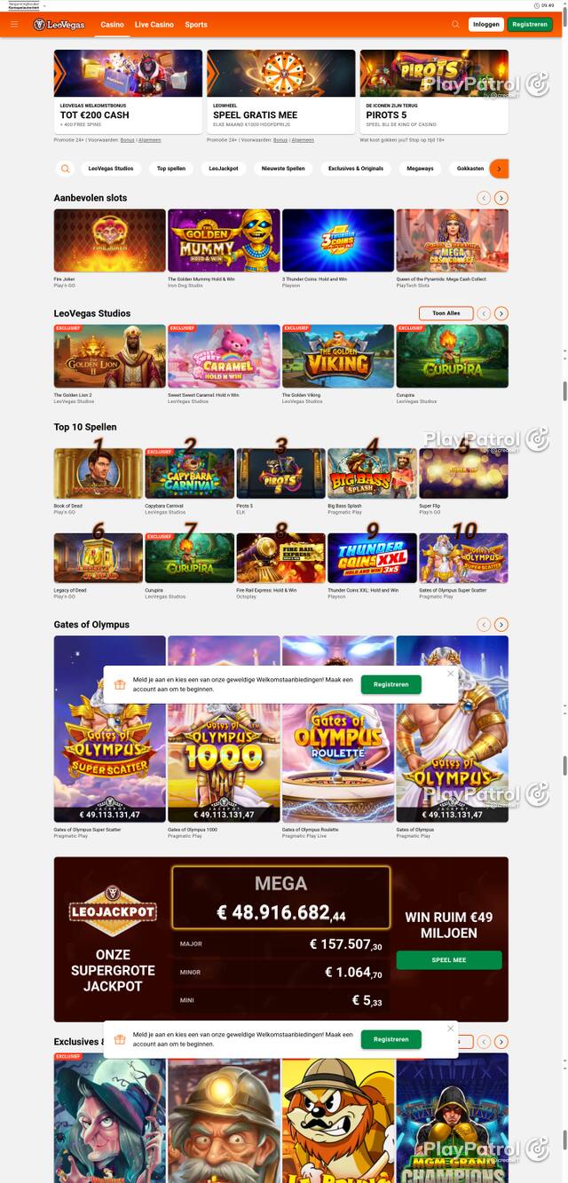 Capture of the front page of LeoVegas Casino Nederland (leovegas.nl) on 9 October 2026