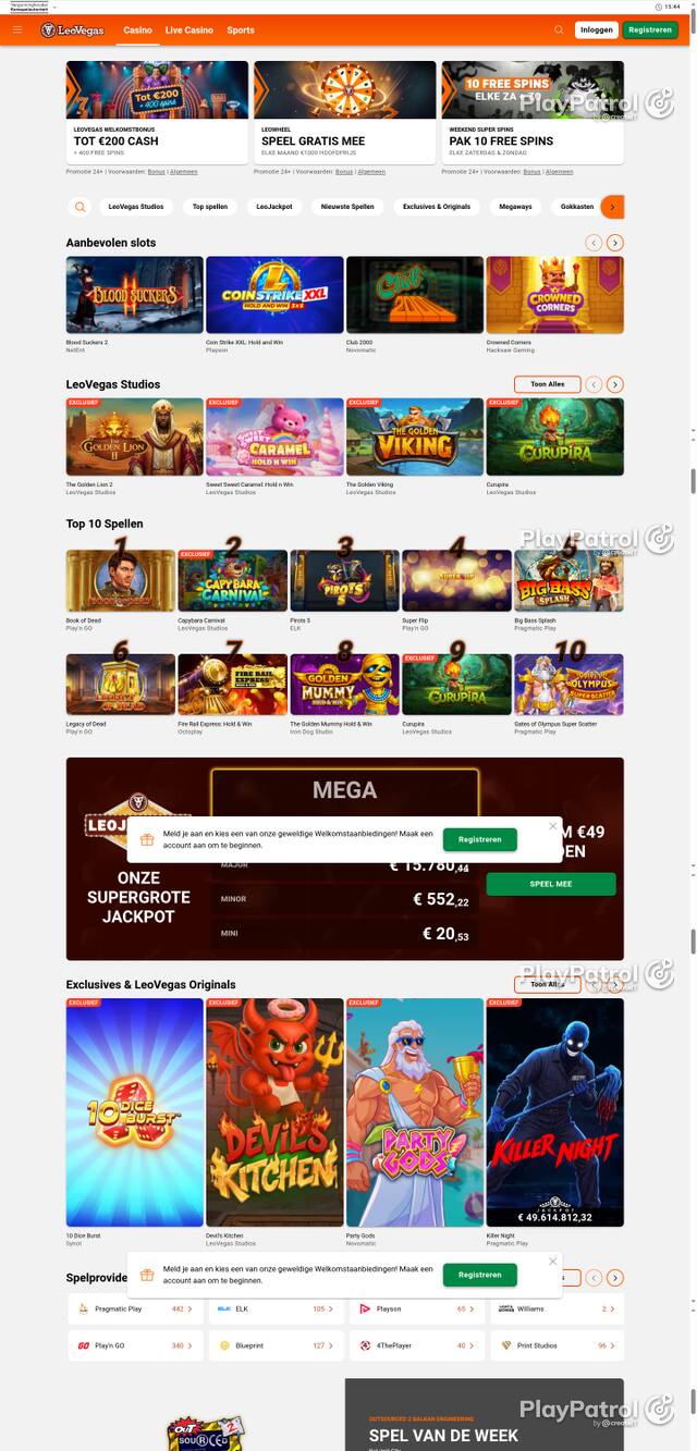 Capture of the front page of LeoVegas Casino Nederland (leovegas.nl) on 24 October 2026