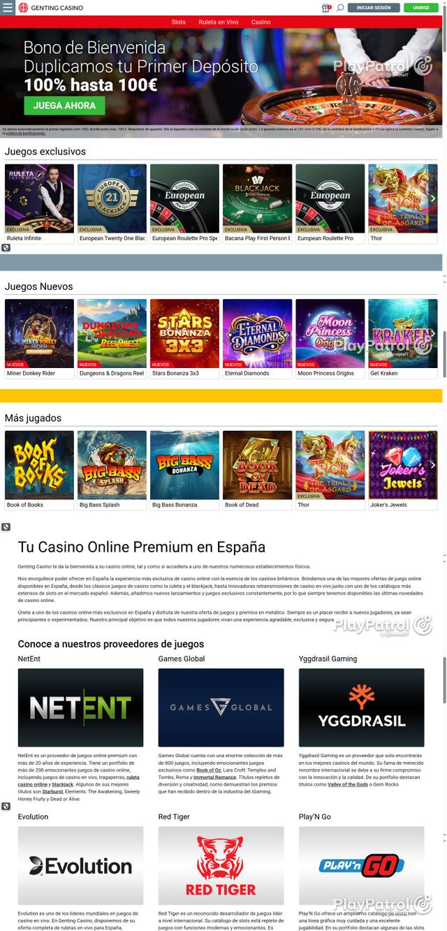Capture of the front page of Genting Casino (gentingcasino.es) on 16 October 2026