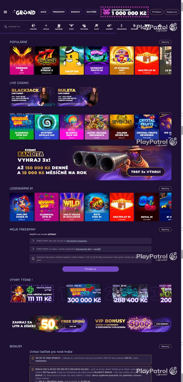 Capture of the front page of GrandWin (grandwin.cz) on 7 October 2026