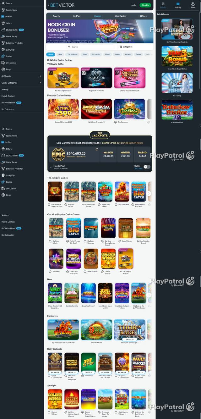 Capture of the front page of BetVictor Casino (betvictor.com) on 7 October 2026