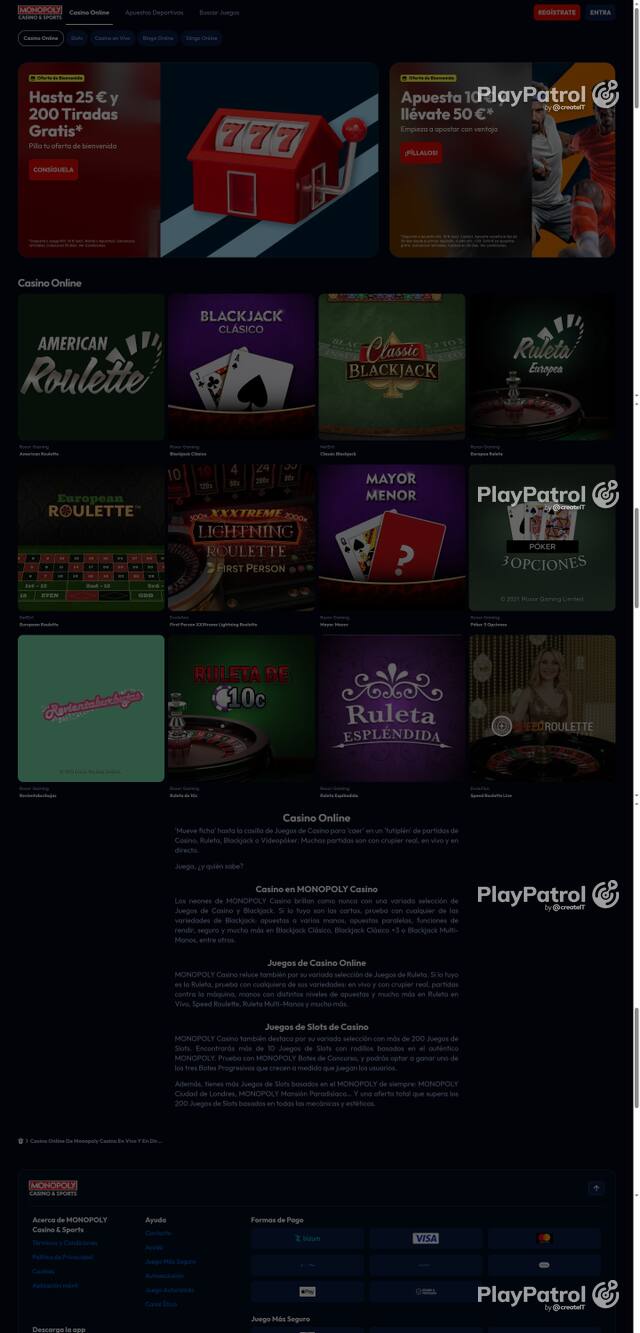 Capture of the front page of Monopoly Casino (monopolycasino.es) on 10 October 2026