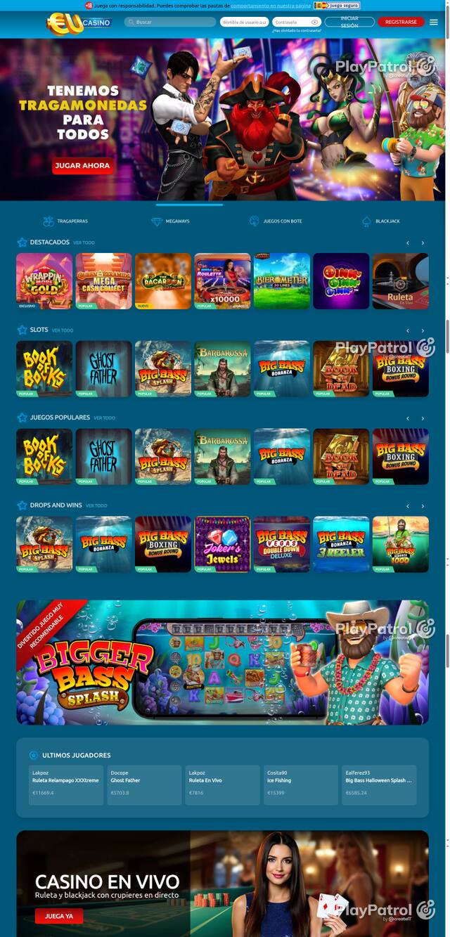 Capture of the front page of EU Casino (eucasino.es) on 20 October 2026