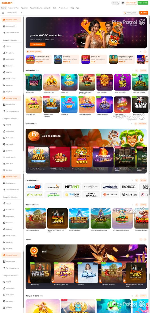 Capture of the front page of Betsson (betsson.es) on 20 October 2026