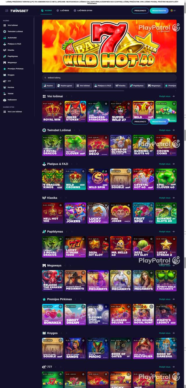 Capture of the front page of twinsbet.lt (twinsbet.lt) on 22 October 2026