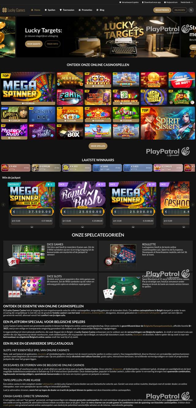 Capture of the front page of luckygames.be (luckygames.be) on 27 October 2026