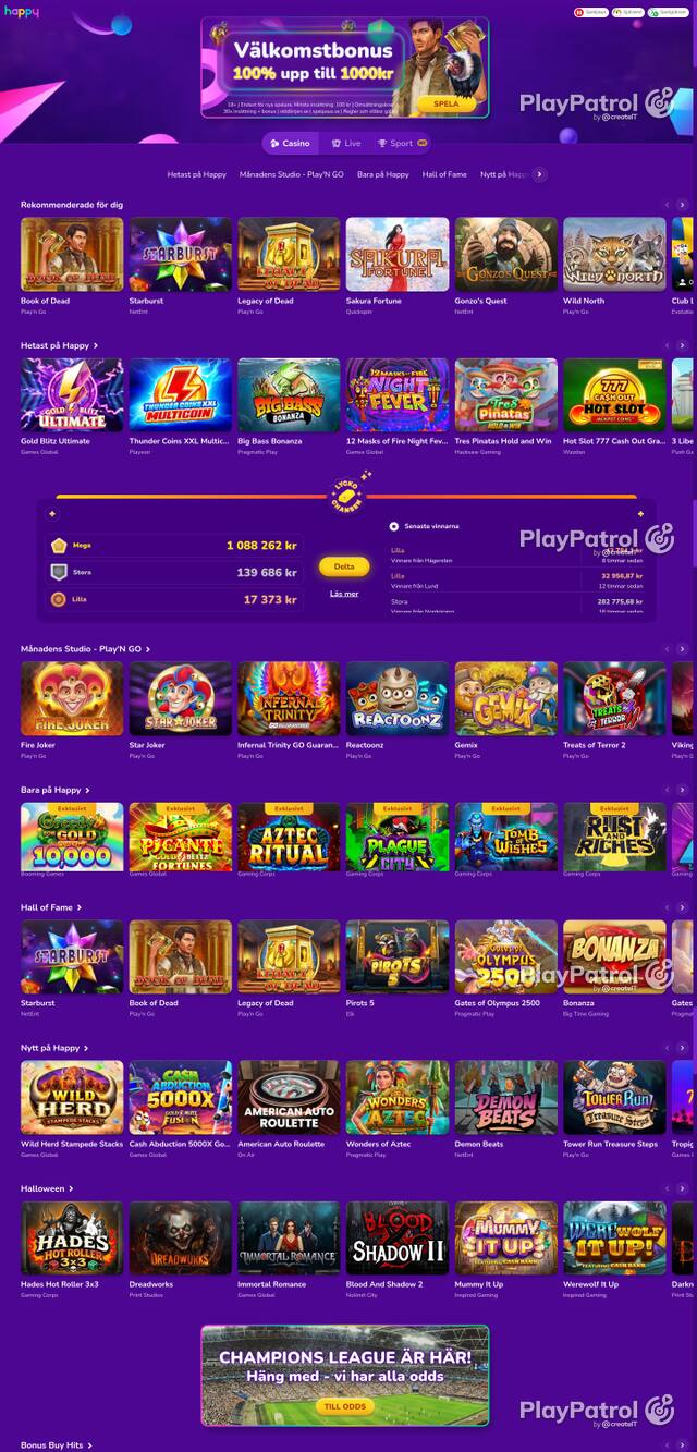 Capture of the front page of happycasino.se (happycasino.se) on 20 October 2026