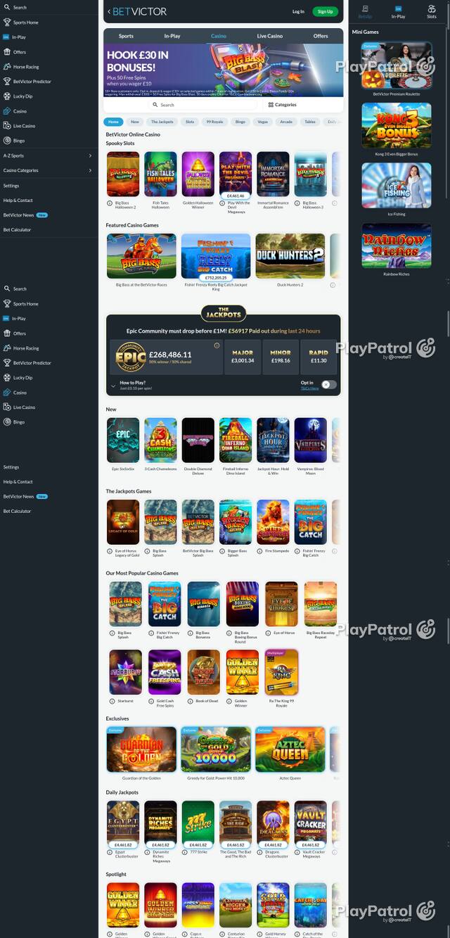 Capture of the front page of BetVictor Casino (betvictor.com) on 27 October 2026