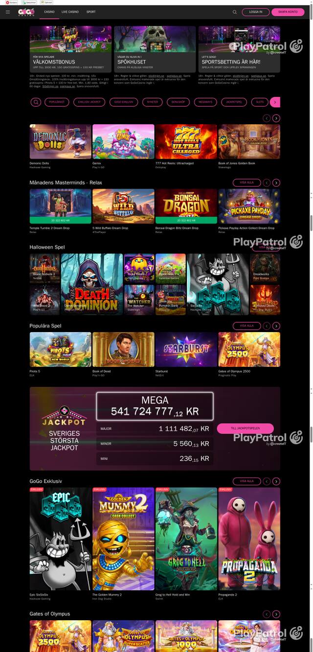 Capture of the front page of gogocasino.com (gogocasino.com) on 20 October 2026