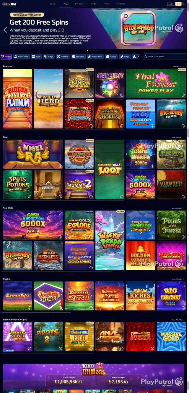 Capture of the front page of William Hill (vegas.williamhill.com) on 21 October 2026
