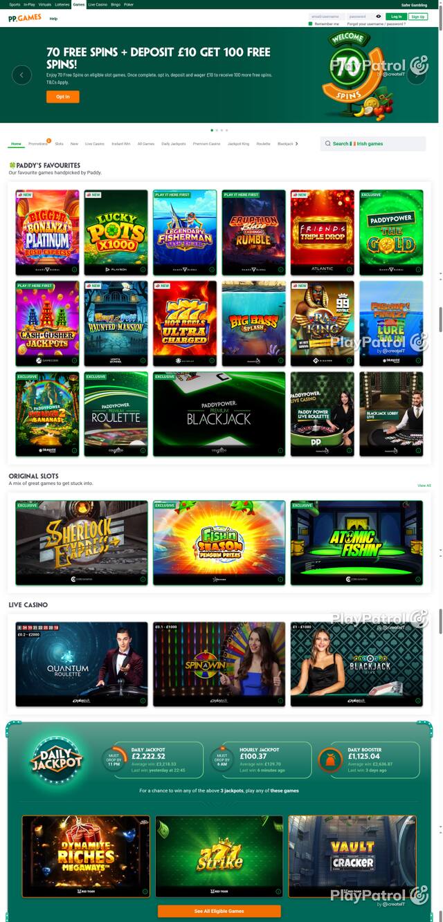 Capture of the front page of Paddy Power Games (games.paddypower.com) on 21 October 2026