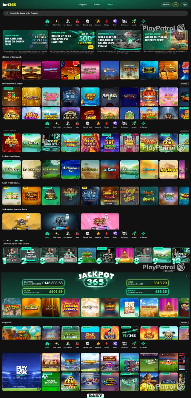 Front page of bet365 Casino as captured on 29 October 2026