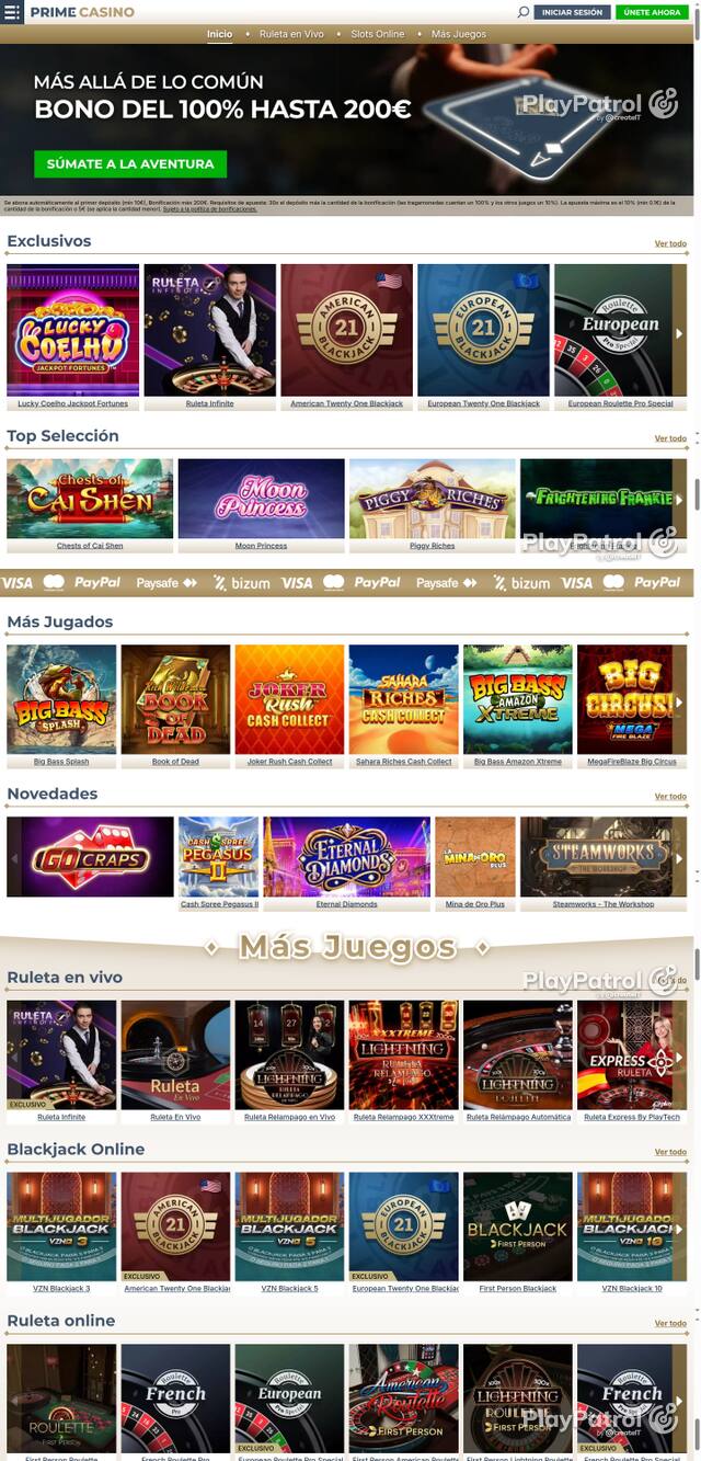 Capture of the front page of Prime Casino (primecasino.es) on 28 October 2026