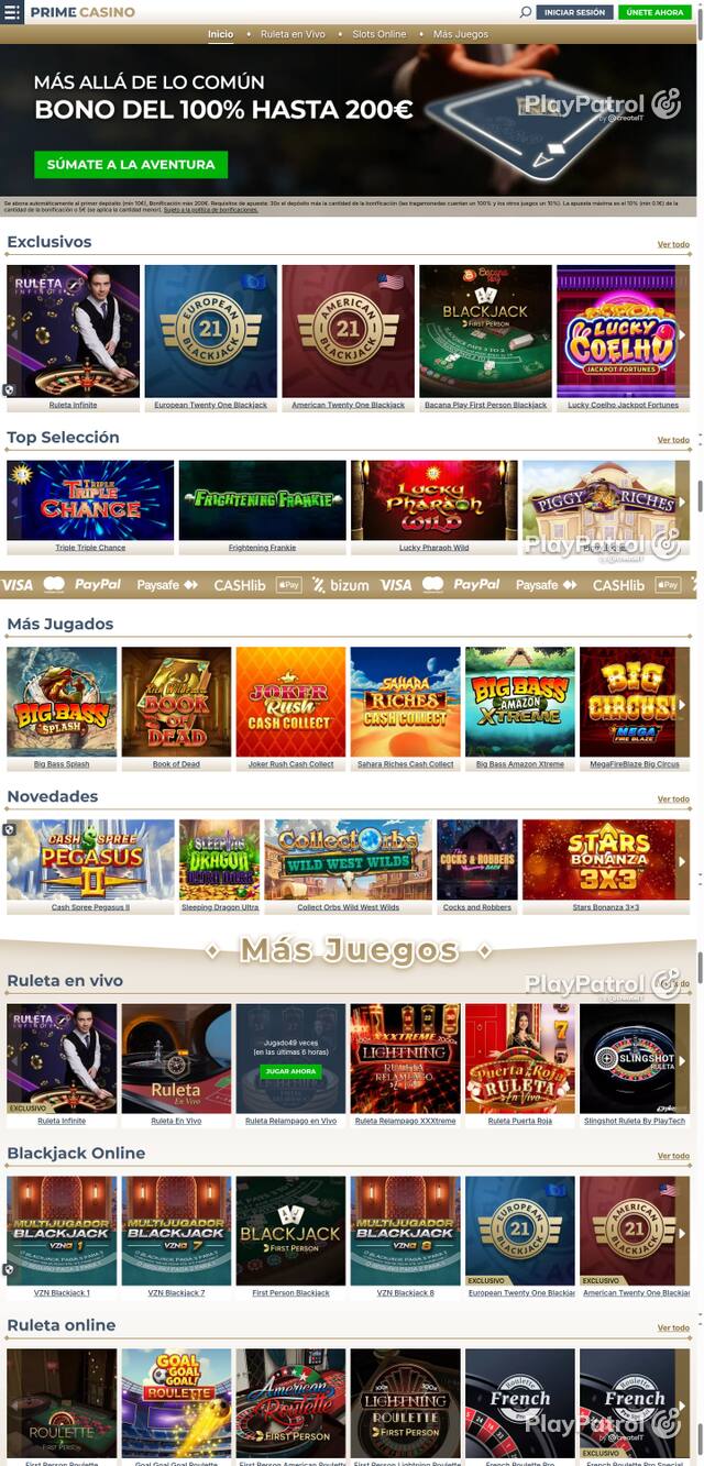 Capture of the front page of Prime Casino (primecasino.es) on 18 October 2026