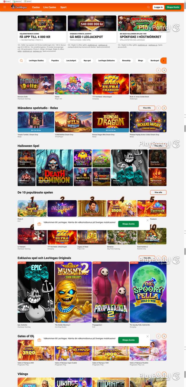 Capture of the front page of leovegas.com (leovegas.com) on 16 October 2026